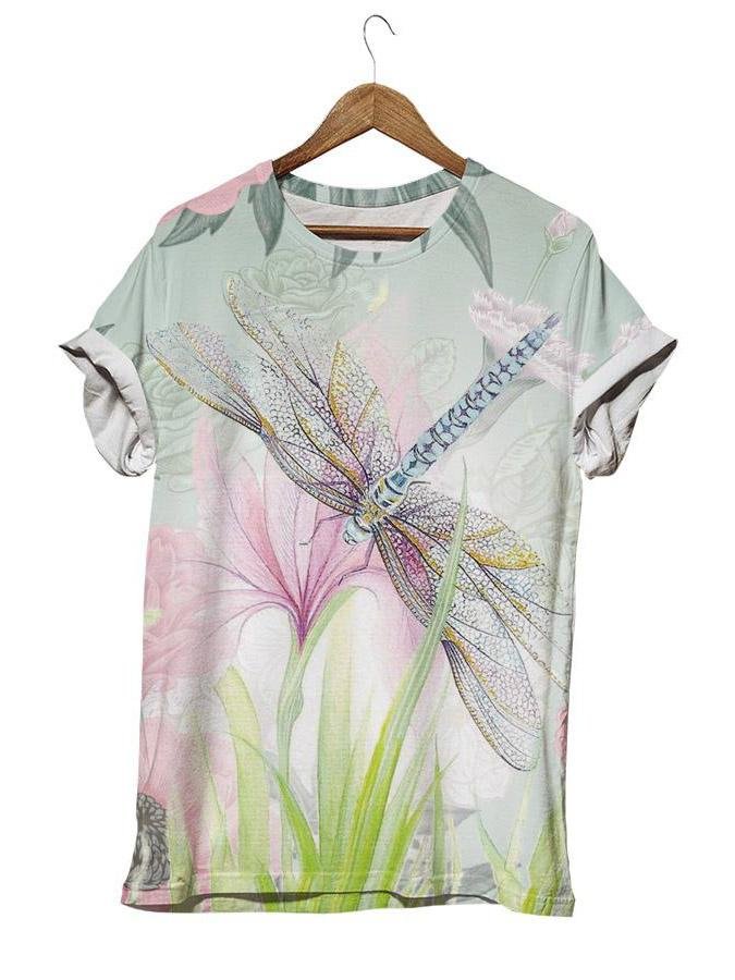 Casual dragonfly print crew neck top-Mayoulove