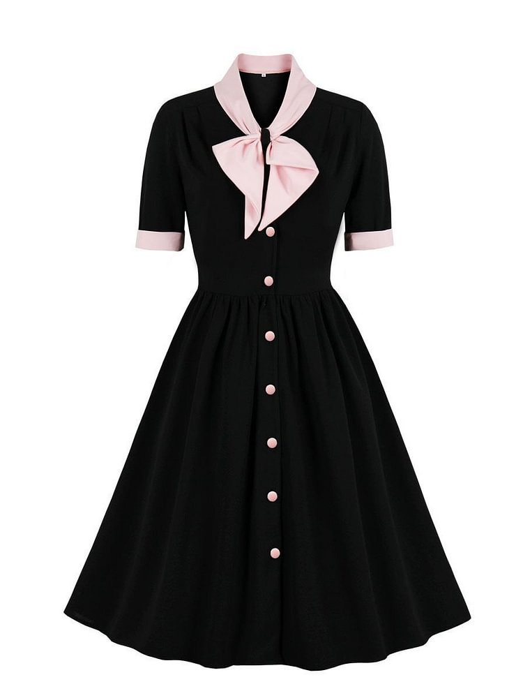 Mayoulove Black Prom Dress For Women Pink Bow Stitching Neckline Swing Dress-Mayoulove