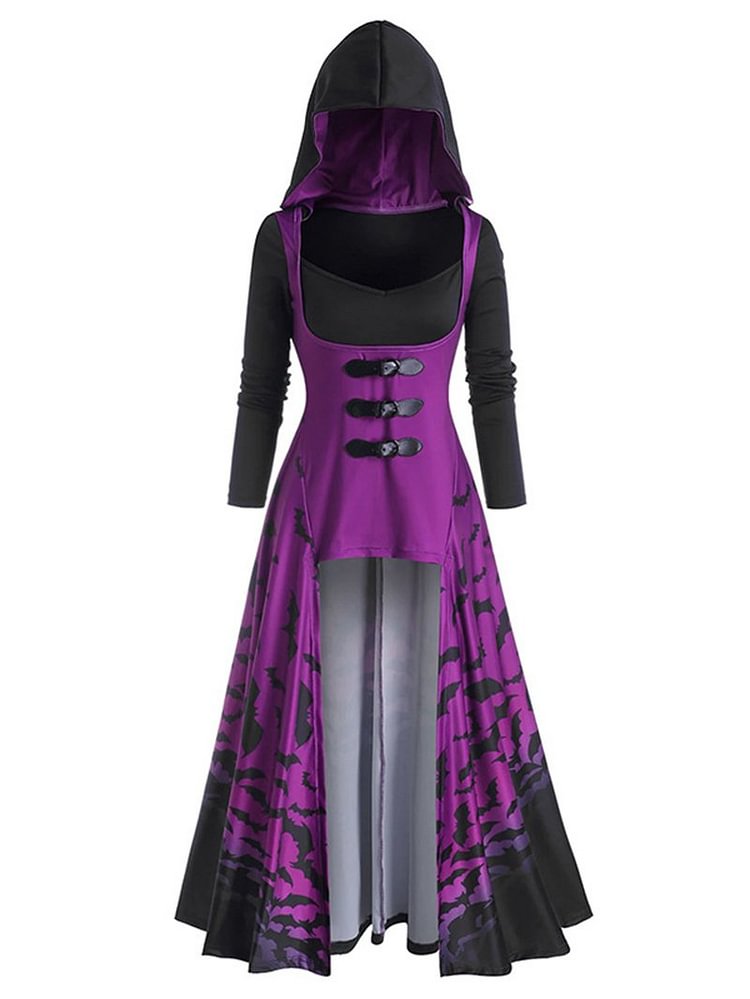 Mid-length cape dress bat print leather buckle women's hooded Halloween dress