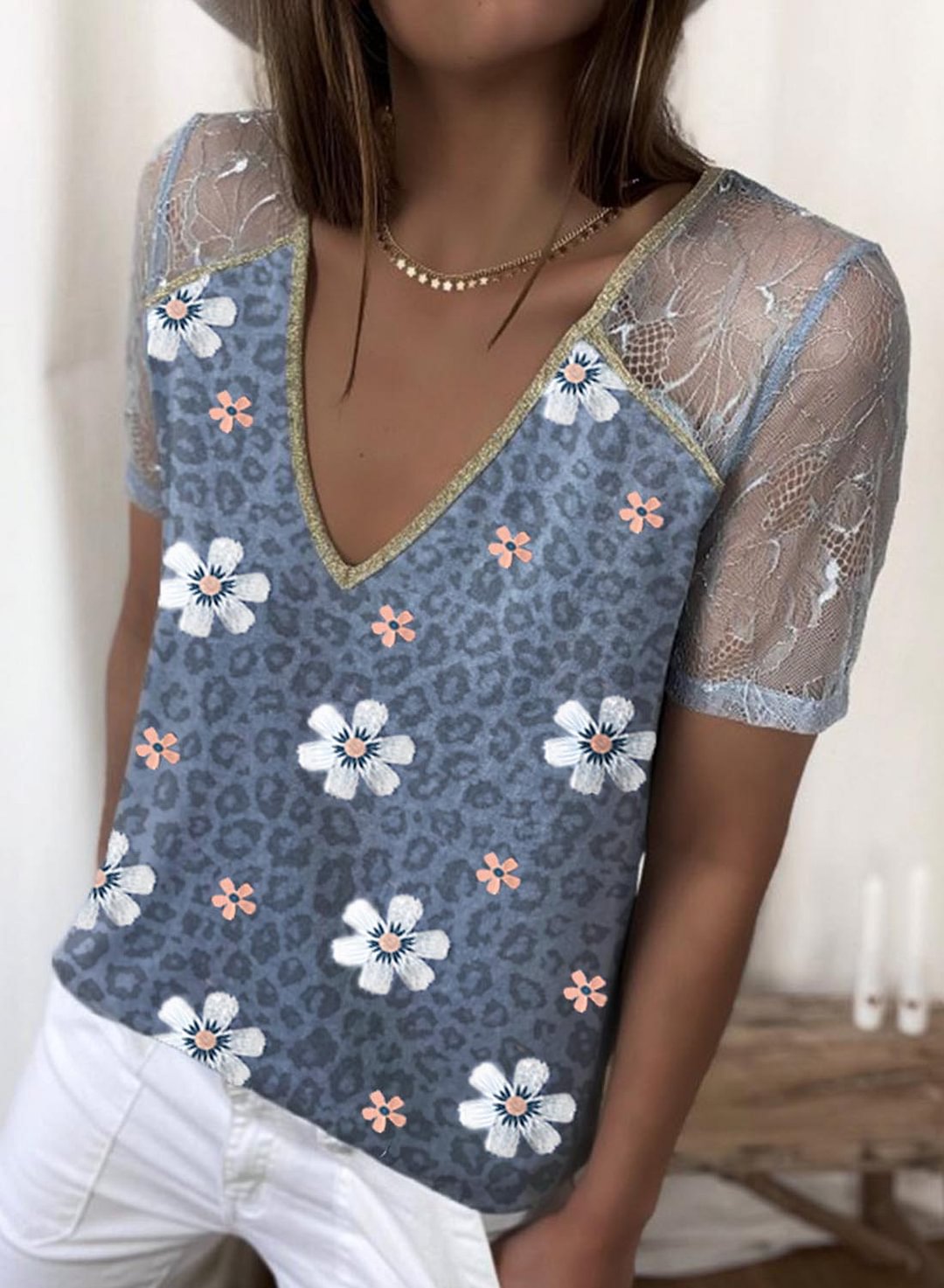 Sky Blue Women's T-shirts Leopard Floral Lace Cutout T-shirt LC2528863-4