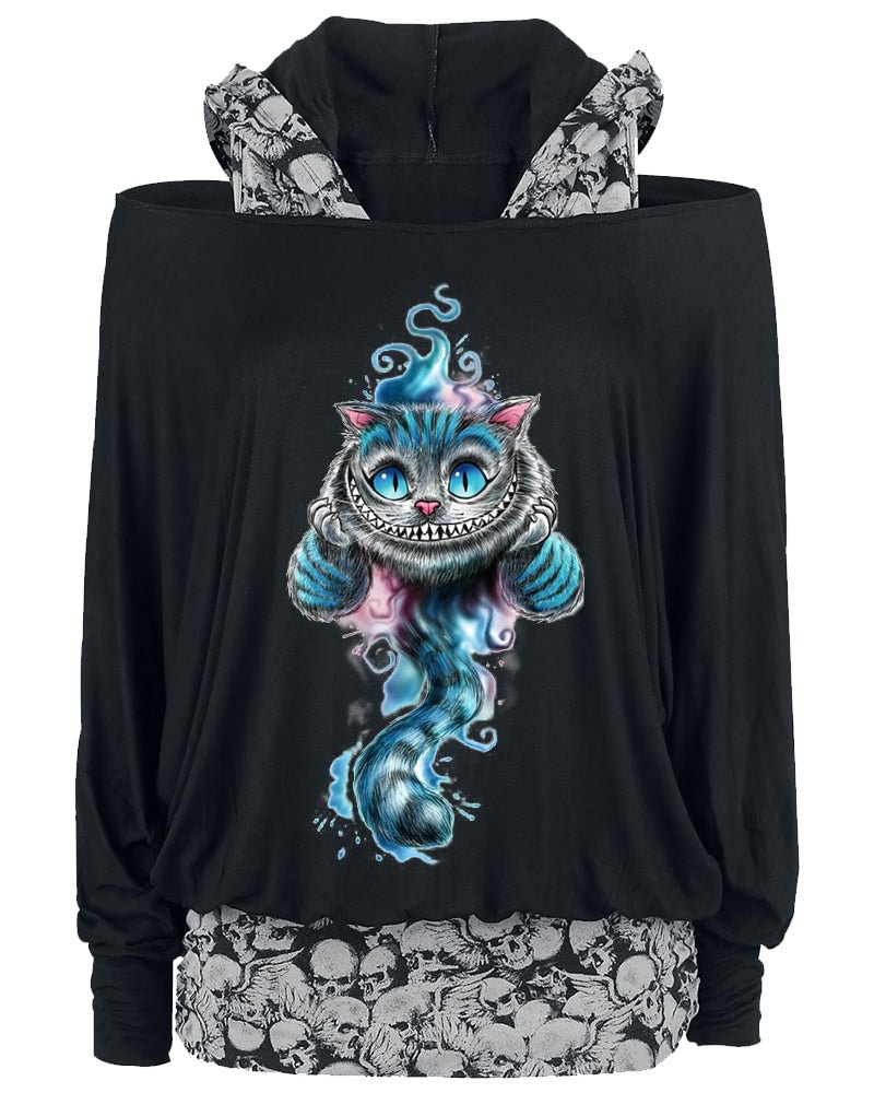 Cat Fire Long Sleeve Women Top With Skull Print Lining
