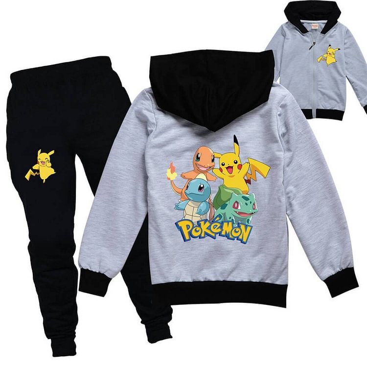 Pokemon Pikachu Print Girls Boys Cotton Jacket And Joggers Outfit Suit-Mayoulove