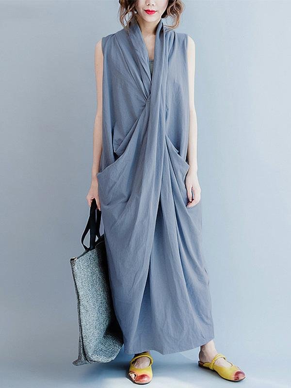 Loose Gray-blue Cropped Pockets Long Dress