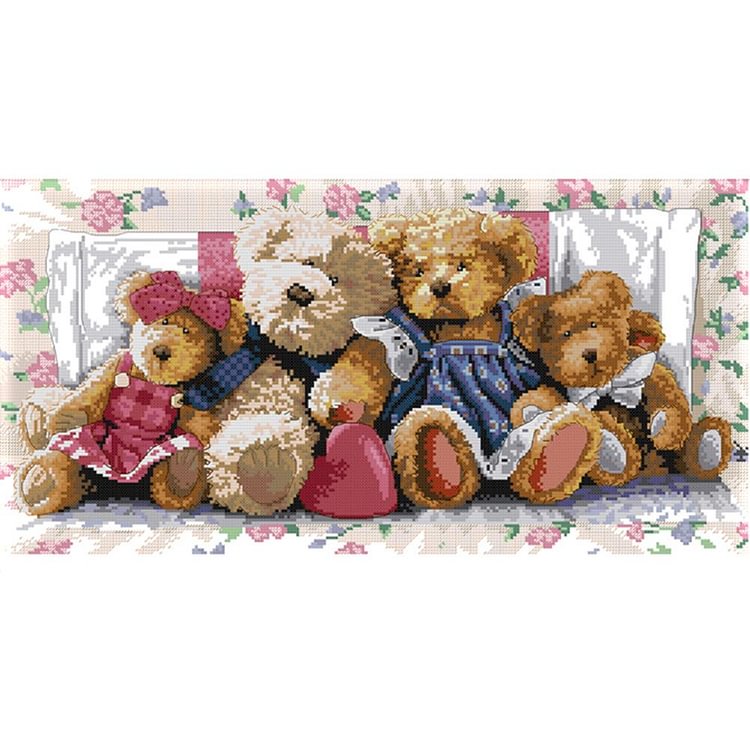 (14Ct Counted/Stamped) Little Bear Family - Cross Stitch Kit 54*31CM