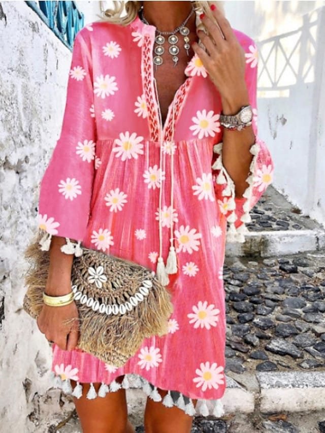 Women's A Line Dress Knee Length Dress Blushing Pink 3/4 Length Sleeve Print Print Summer V Neck Hot Casual Boho 2021 S M L XL XXL 3XL 4XL-Corachic