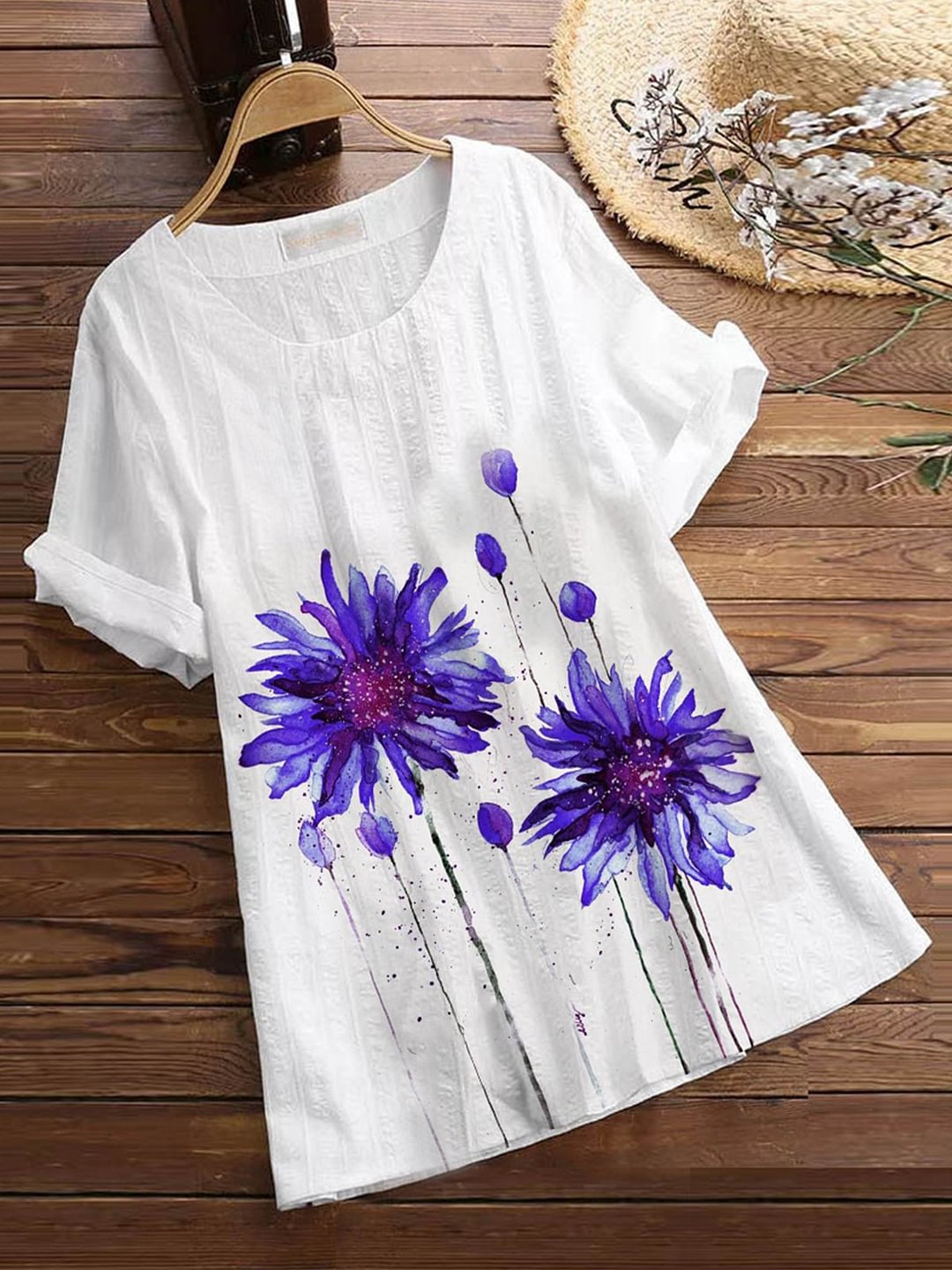 White Cotton-Blend Floral Casual Shirts & Tops-Corachic