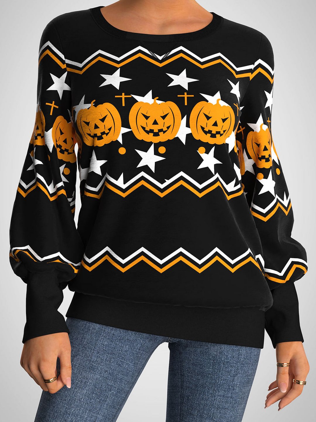 Round Neck Halloween Pumpkin Print Long Sleeve Sweatshirt