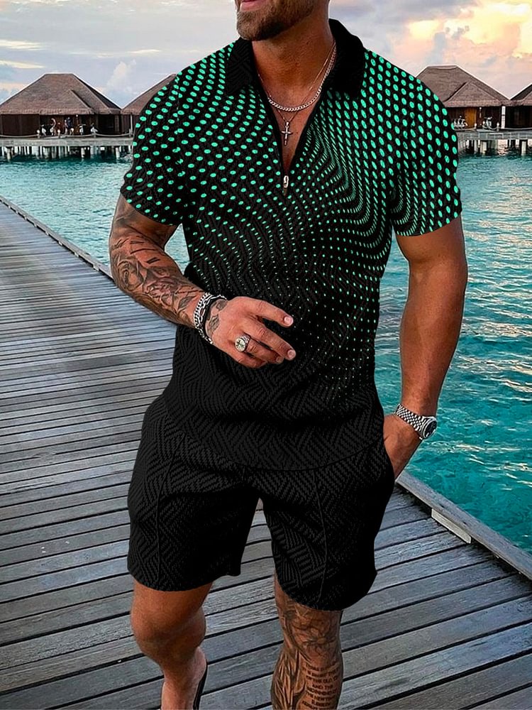 Men's Resort Casual Gradient Polka Dot Print Polo Suit