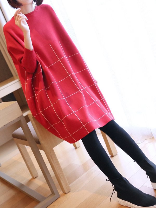 3 Colors Plaid Loose Round-Neck Knitted Sweater Dress
