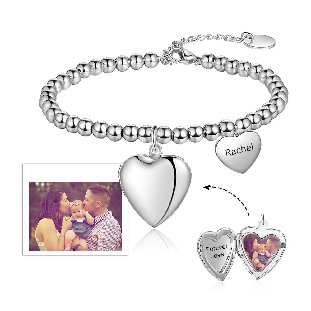 Beaded Chain Bracelet With Heart Photo Locket Personalized With Engraving Charm