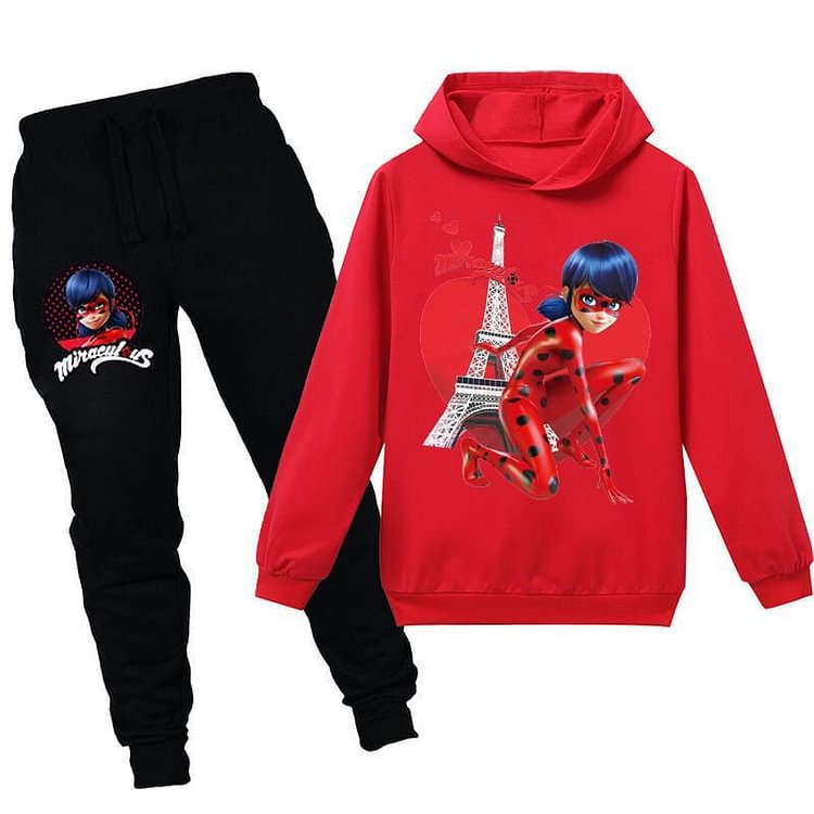 Mayoulove Girls Miraculous Ladybug Print Kids Cotton Hoodie And Sweatpants Suit-Mayoulove