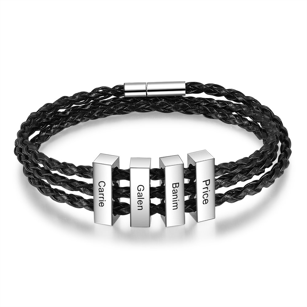Men's Braided Leather Three-Layer Bracelet With 4 Names Engraved