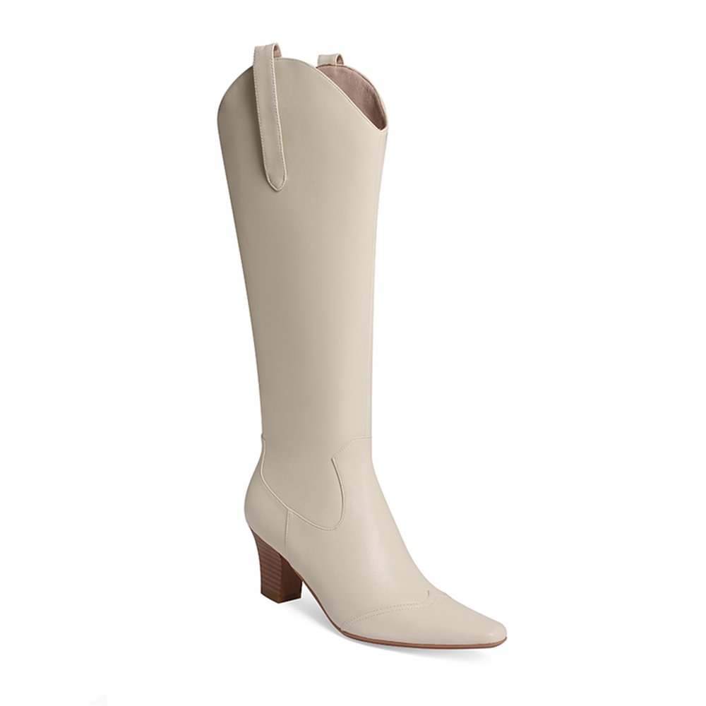 50mm Women Side Zip Block Heel Square Toe Western Boots White-vocosishoes