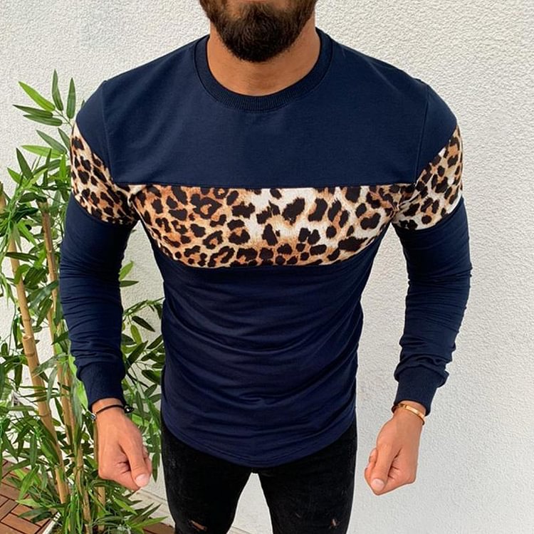 BrosWear Men's Leopard Print Casual Long Sleeve T-Shirt