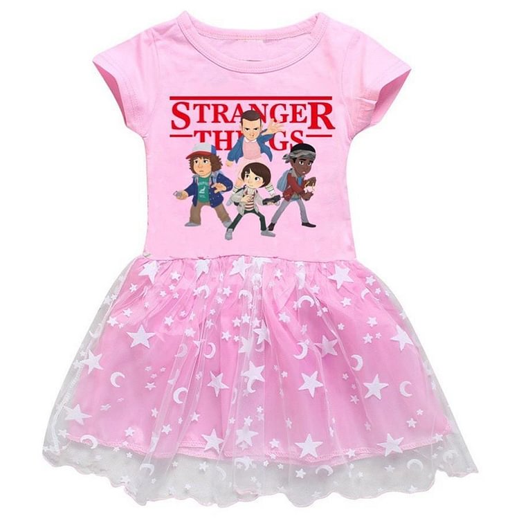 Pink Strange Things Print Girls Short Sleeve Moon Star Tulle Dress-Mayoulove