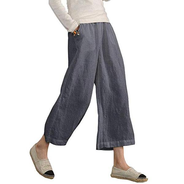 Loose Elastic Waist Cotton trousers Cropped Wide Leg Pants-Mayoulove