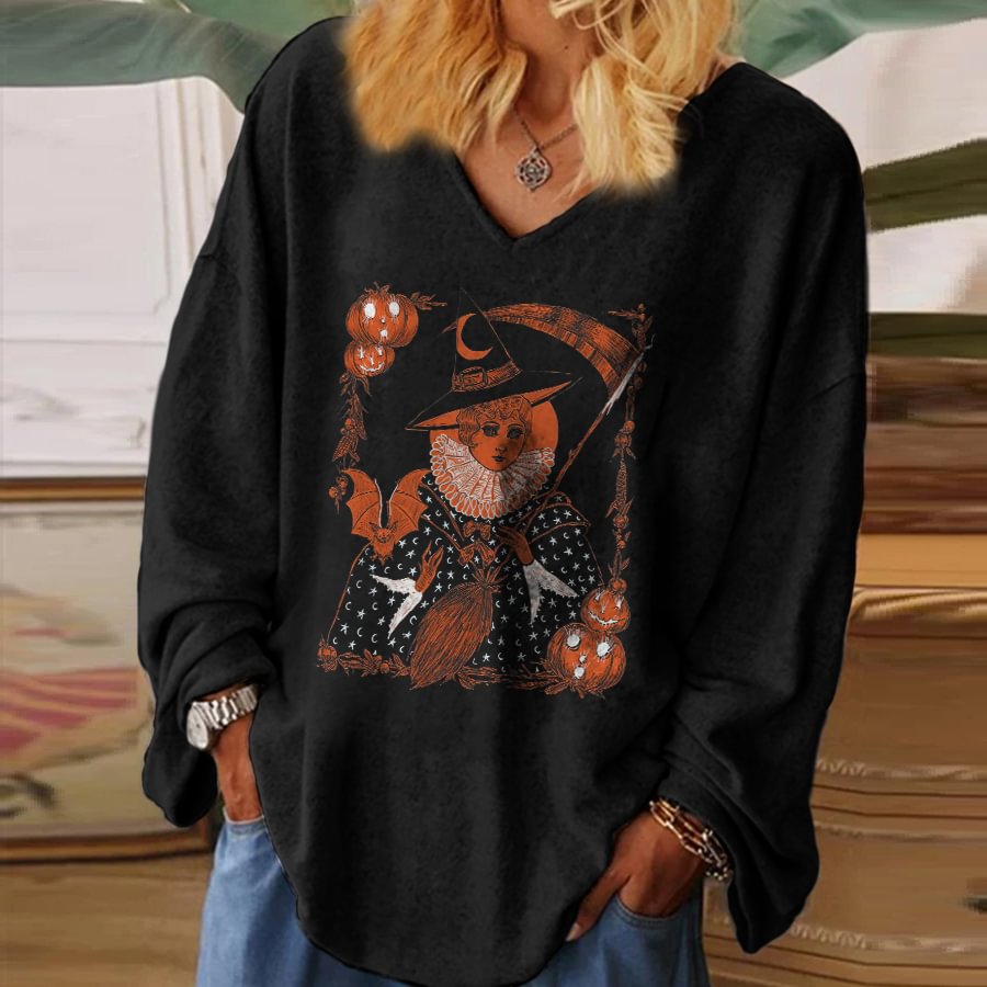 Witch Hold A Scythe And Broom Print Women's Loose Long-sleeved T-shirt