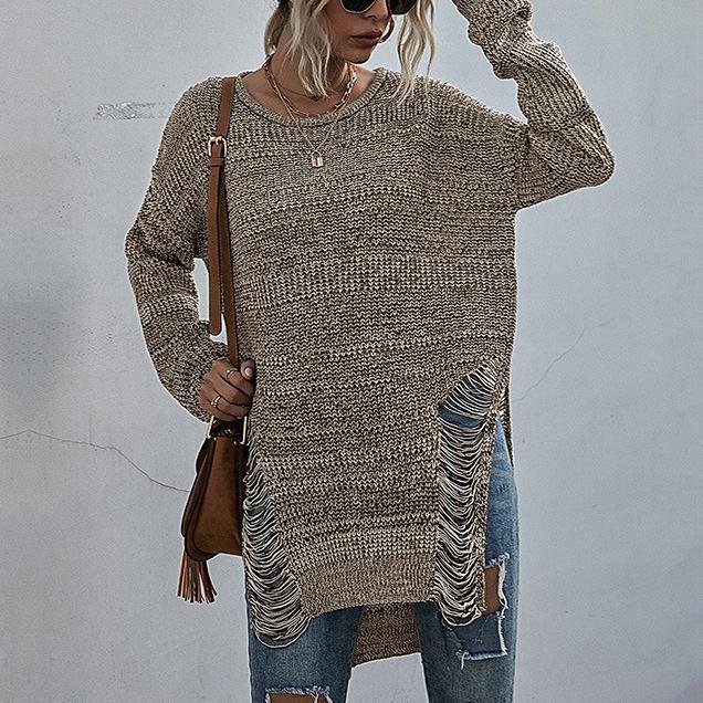 Fashion solid color hollow tassel knitted sweater-Mayoulove