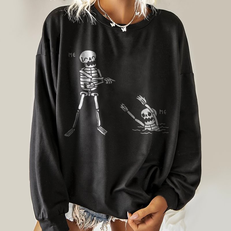 Funny Skeletons Graphic Crew Neck Casual Sweatshirt - Krazyskull