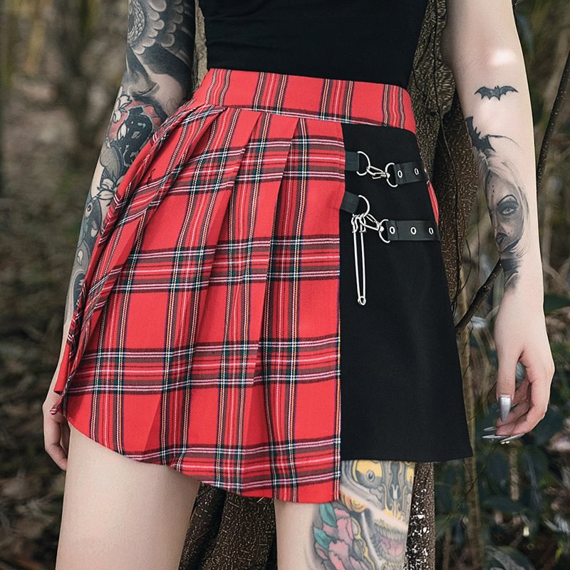 Women's belt plaid irregular two-color skirt short skirt