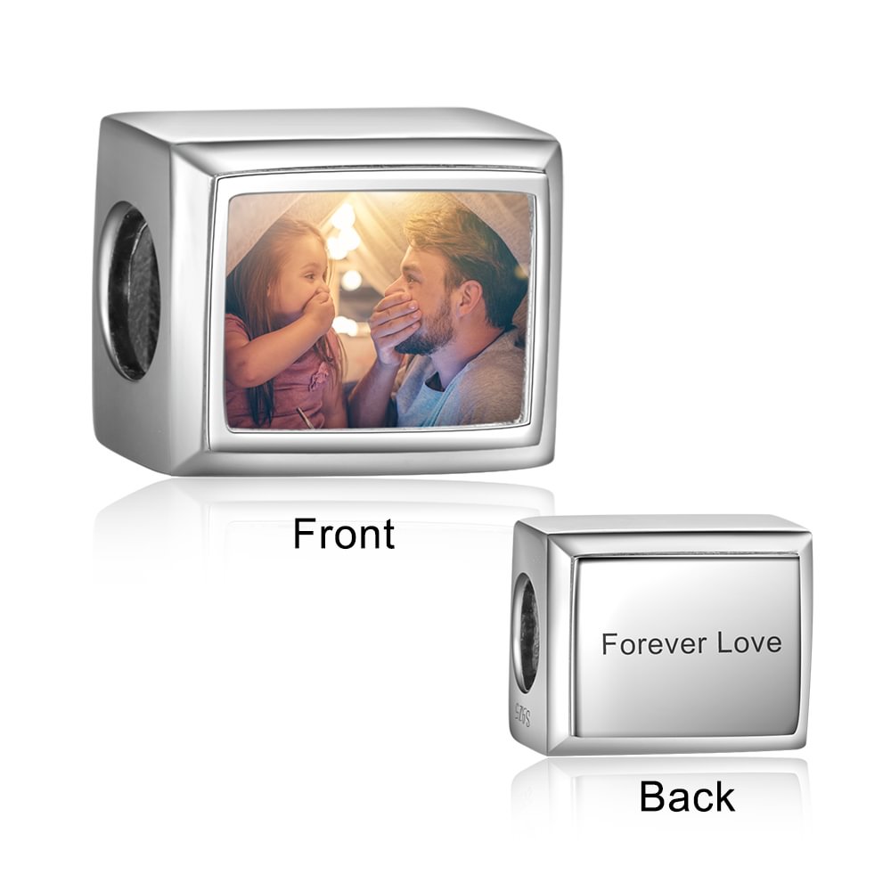 925 Sterling Silver Cuboid Shaped Engraved Photo Charm