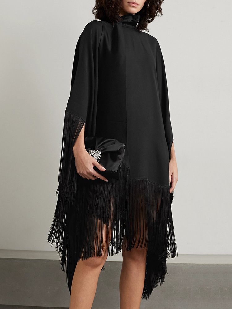Loose Fringed High Neckline With A Scarf-Like Panel Solid Midi Dresses