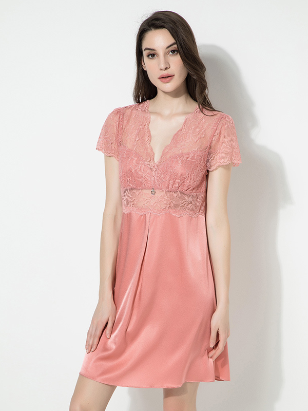 Pink See Through Silk Nightgown Lace Style