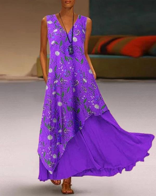 Plus Size V-neck Sleeveless Floral Irregular Hem Two-piece Pocket Dress