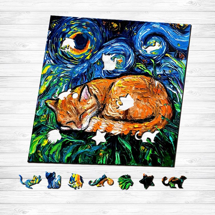 Van Gogh Starry Sky - Orange Cat Wooden Puzzle