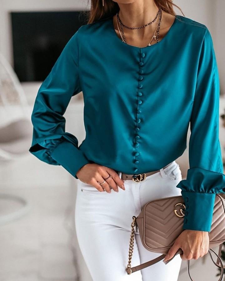 Solid Button-Up Satin Blouse P14929