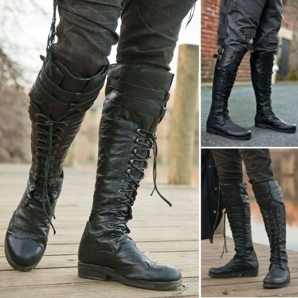 2019 New Fashion Men's Knee High Boots Cross Strap Lace Up Shoes Flat Cool Moto Boots Fall Winter Tall Boots For Men Plus Size :38-48