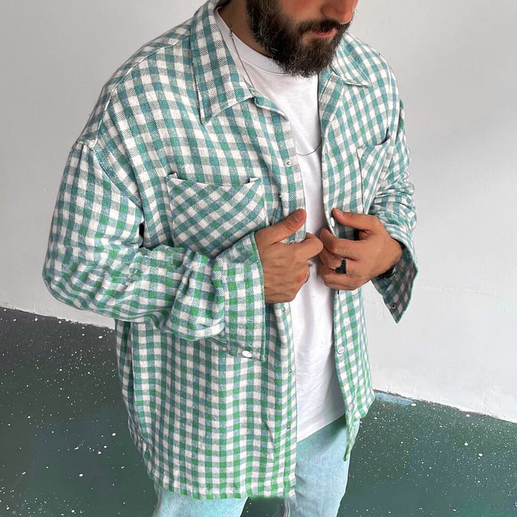 BrosWear Casual Green Color Check Long Sleeve Jacket