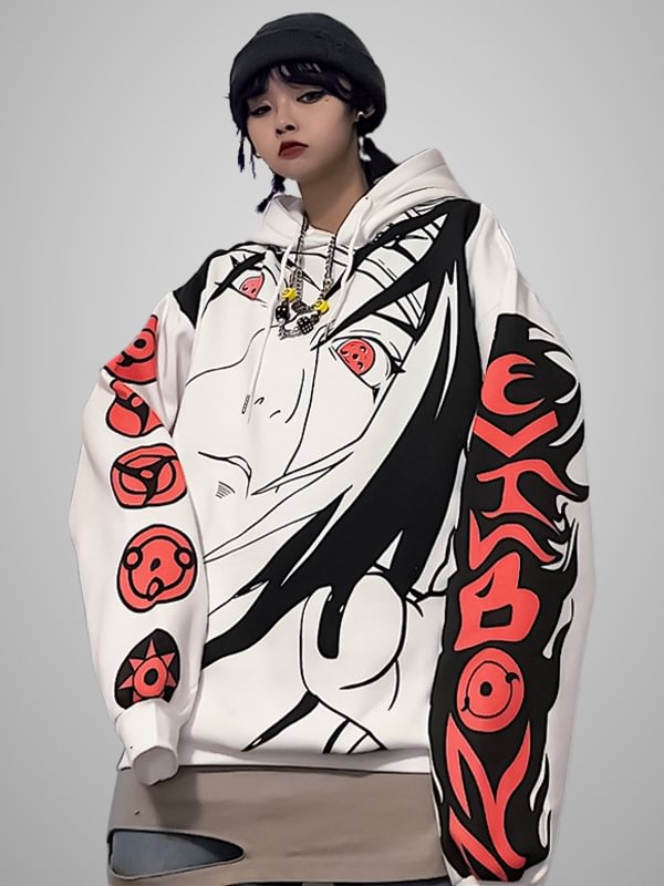 Unisex Goth White Anime Printed Color-block Drawstring Long Sleeve Brushed Hoodie