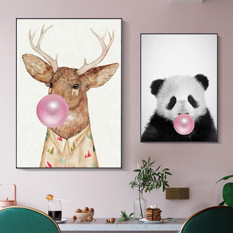 Canvas Painting Animal Posters Cute Deer Panda Bubbling Wall Pictures for Kids Room Cuadros Home Decor - vzzhome