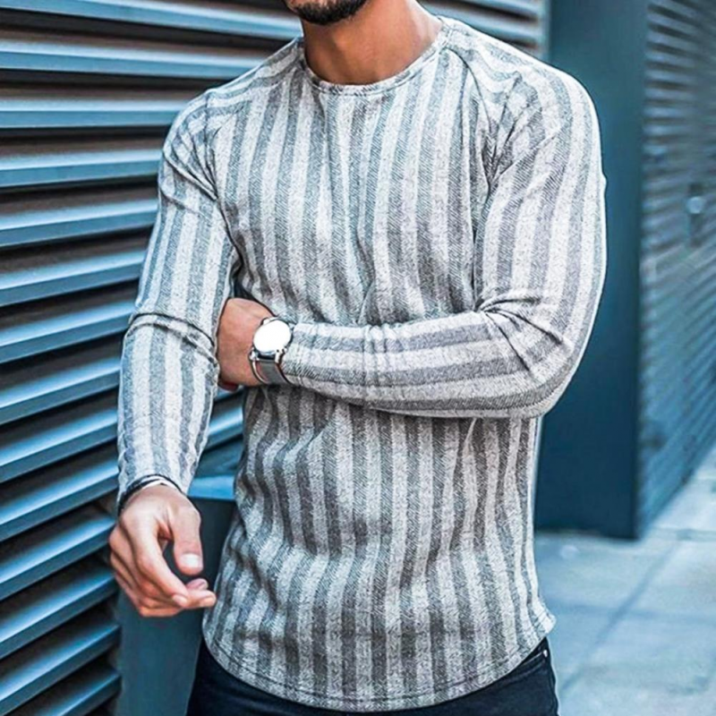 Streetwear Casual Gray Stripe Tops Men's Long Sleeve T-shirts-VESSFUL