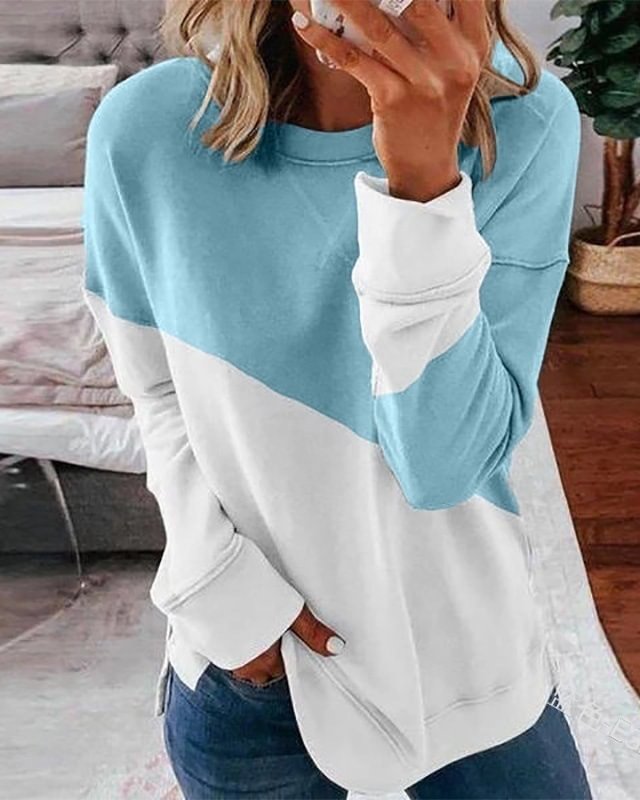 Colorblock long-sleeved round neck contrast color loose sweater