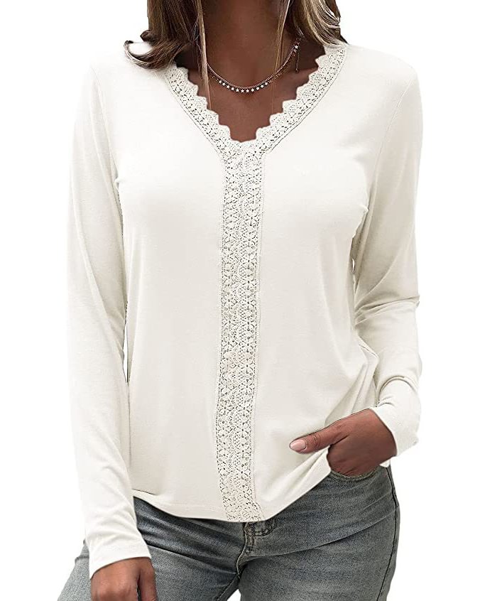New Lace Chiffon Bottoming Shirt V Neck Long Sleeve Solid Color Top Women