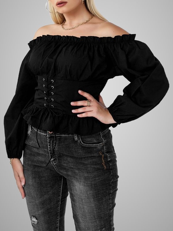 Solid Off Shoulder Balloon Sleeve Top with Tight Waist