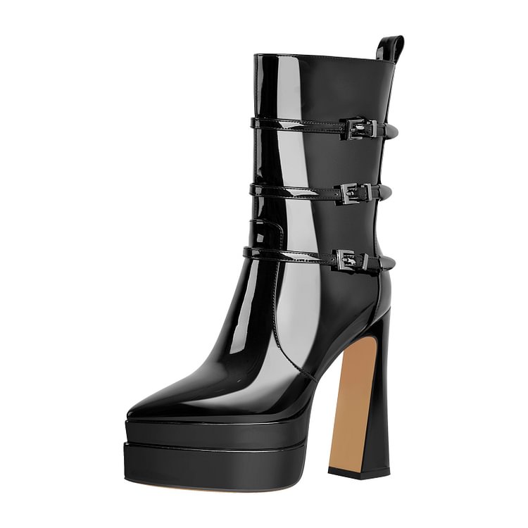 Statement Black Pointed Toe Side Zipper High Heel Patent Leather Boots