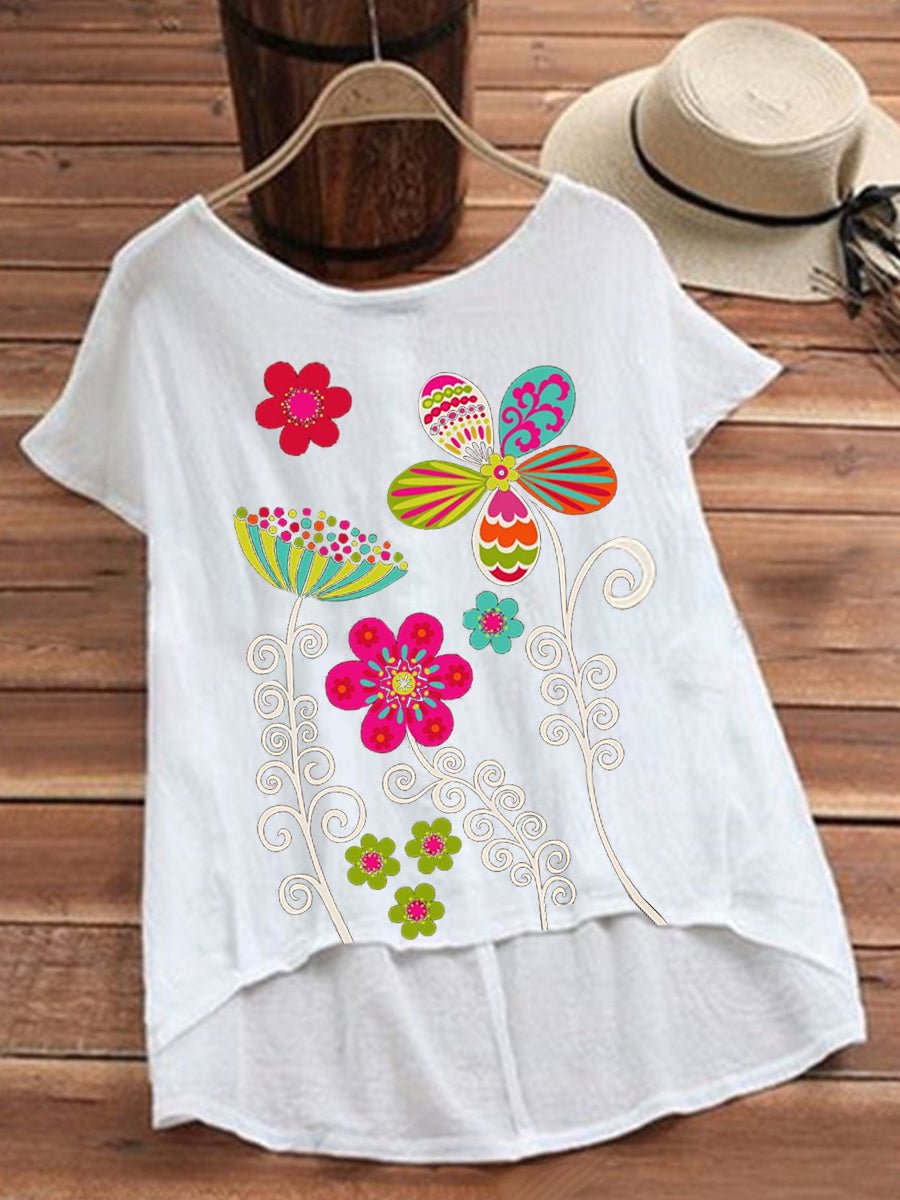 Casual Floral Printed Short Sleeve Linen Top