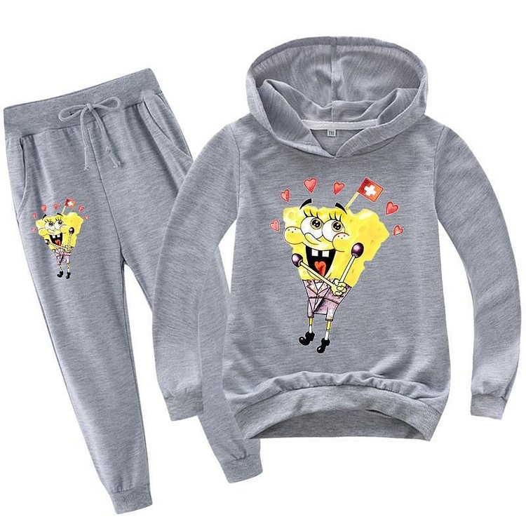 Girls Boys SpongeBob Printed Cotton Hoodie And Sweatpants Tracksuit-Mayoulove