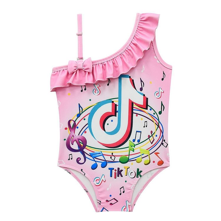 Mayoulove Girls Pink Tiktok Music Print One Piece Ruffle Shoulder Bathing Suit-Mayoulove