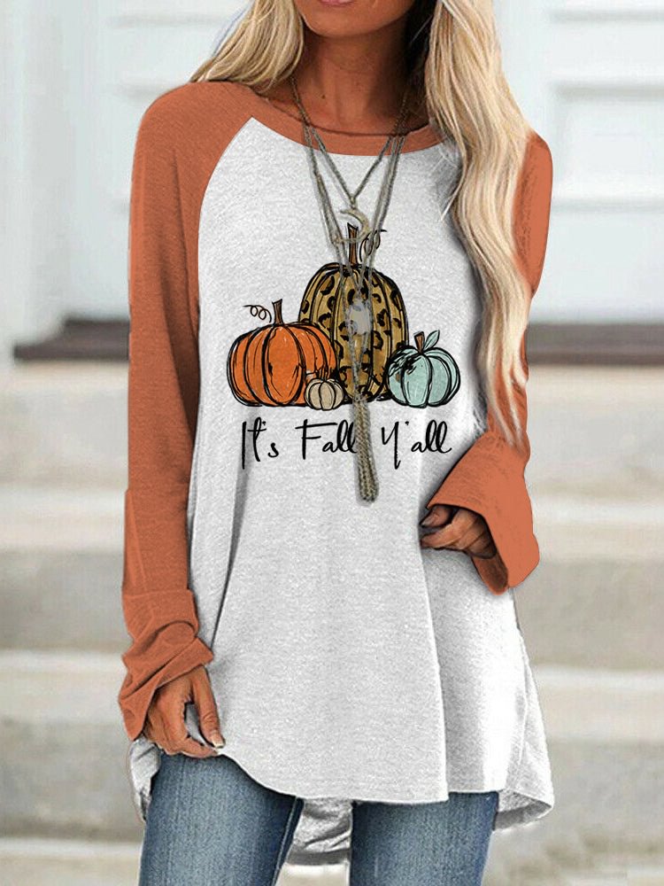 Pumpkin And It's Fall You All Print Long Sleeves Casual Halloween Top
