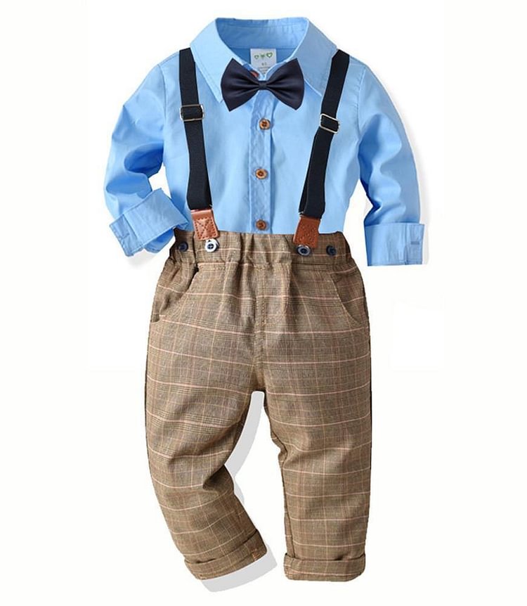 Boys Blue Bow-Tie Cotton Shirt And Checked Suspender Pants Outfit Set-Mayoulove