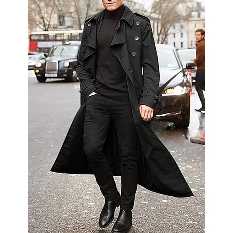BrosWear Men's Fashion Casual Long Trench Coat black