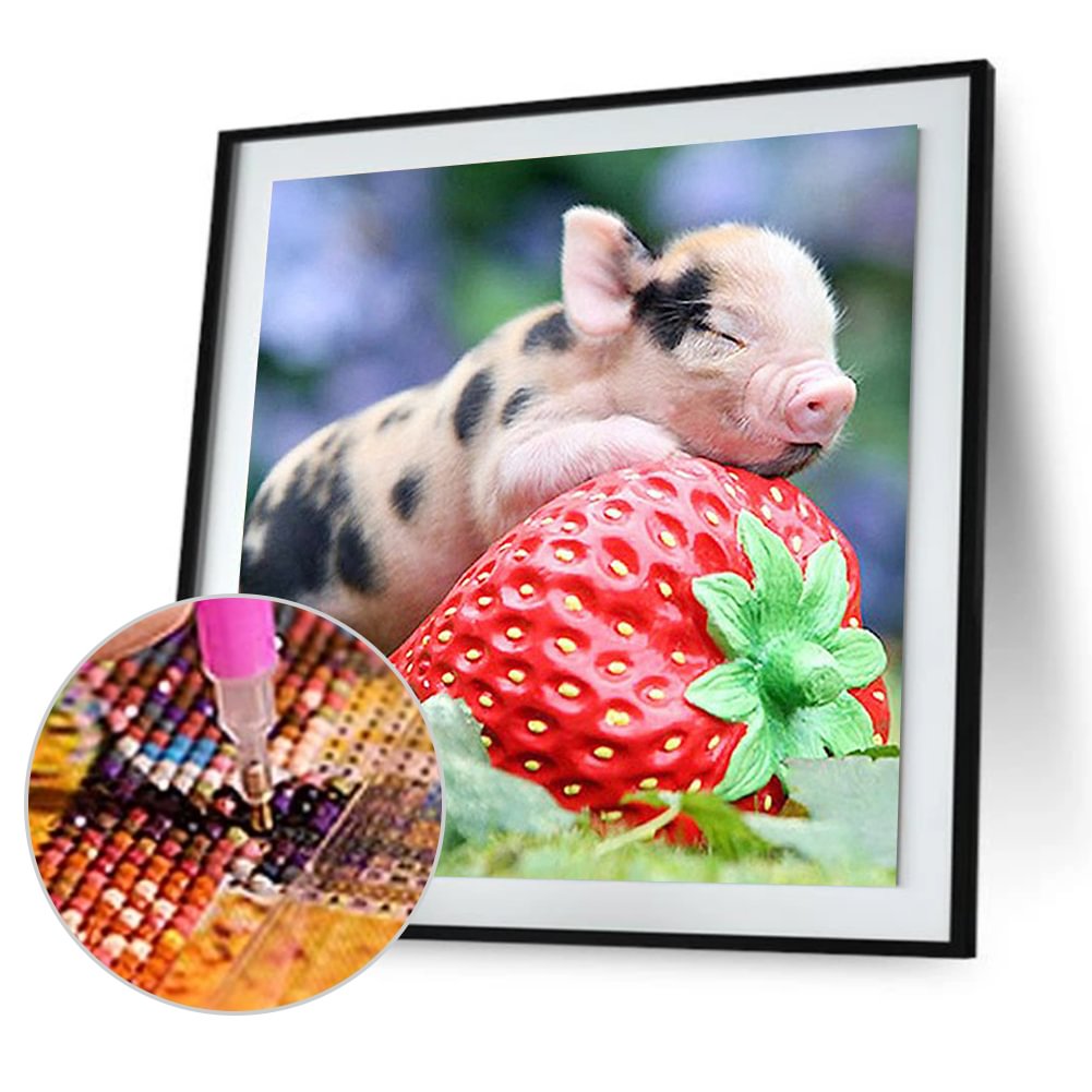 Baby Pig Sleep on Strawberry  Round Diamond Painting 30*30 CM