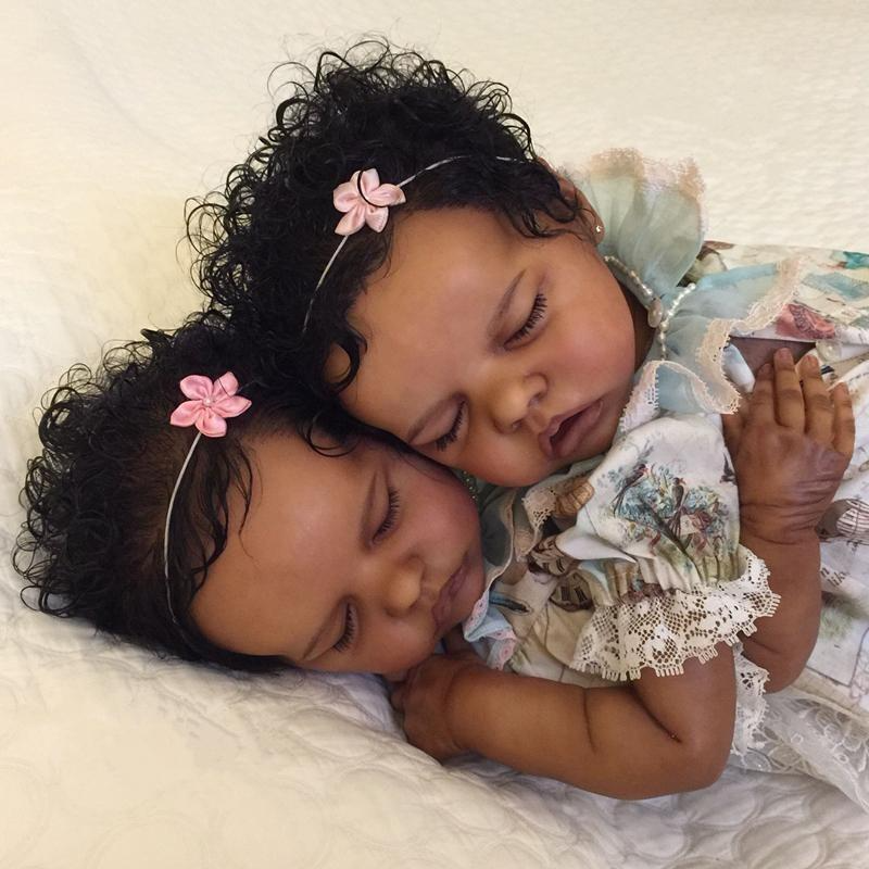 17'' Real Lifelike Twins Sister Washable Black African American Sleeping Reborn Baby Toddler Dolls Girl Atalanta and Lleste -Creativegiftss® - [product_tag]