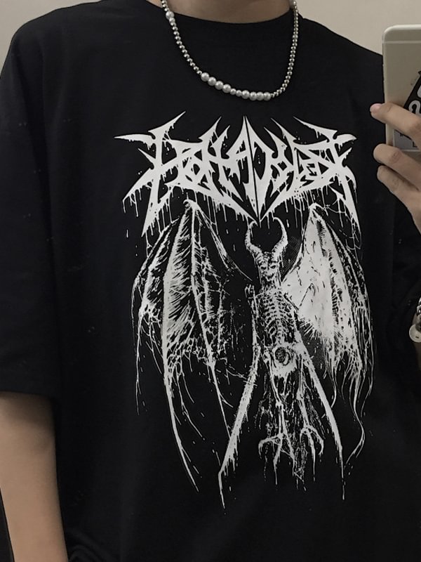 Goth Devil Skull Printed Crew Collar T-shirt