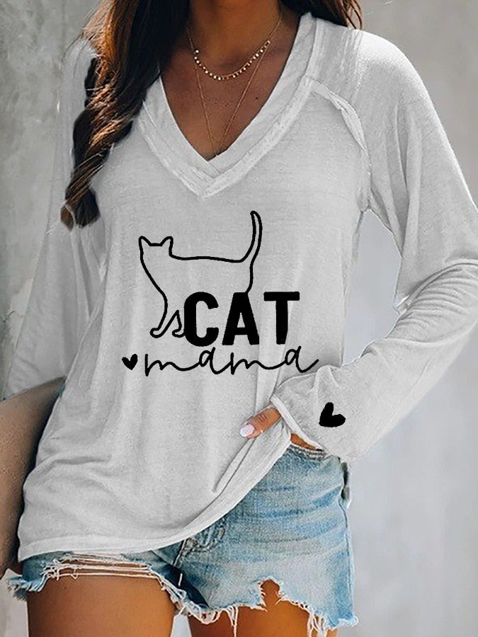 Women's Cat Mama Print Casual Tee Shirt