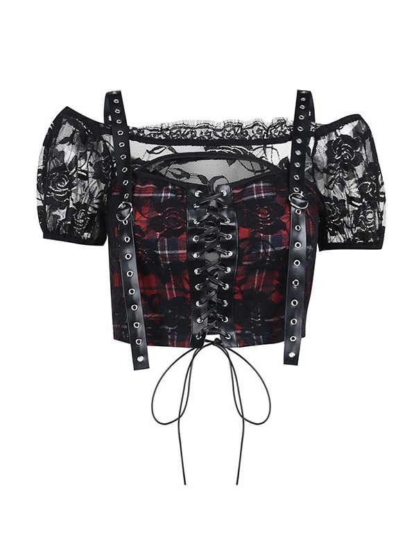 Gothic Checkered Lace Paneled Straps Lace Up Crop Top